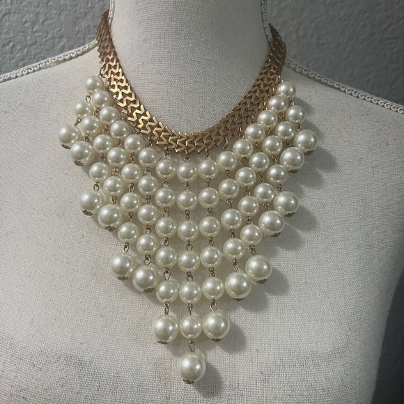 Gold Tone 2 Broke Girls Style Chevron Faux Pearl Choker Necklace - Picture 14 of 14